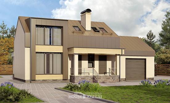 150-015-Л Проект двухэтажного дома с мансардным этажом, гараж, небольшой загородный дом из поризованных блоков Чусовой | Проекты домов от House Expert
