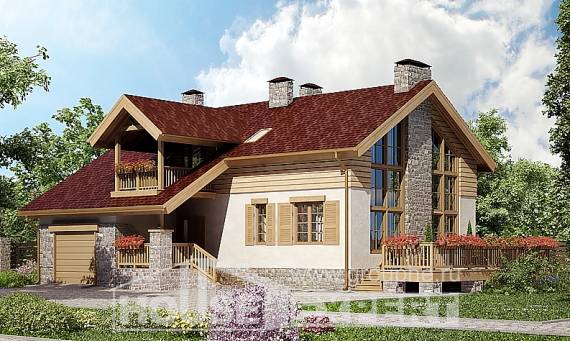 165-002-П Проект двухэтажного дома с мансардой и гаражом, недорогой коттедж из газобетона Верещагино, House Expert